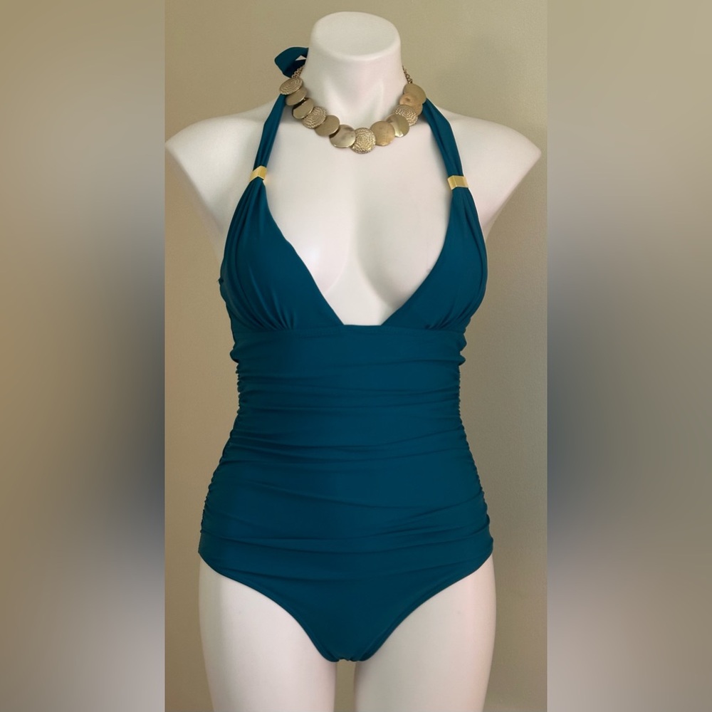 No Tag Teal One-Piece V Neck Halter Top  Ruched Tummy Control Bathing Suit Sz S